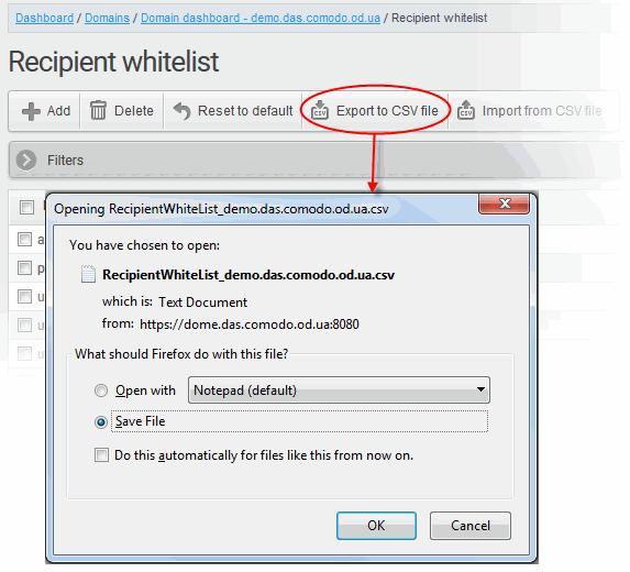Click the 'Export to CSV file' button to save the list of whitelisted recipients as a CSV file A file download dialog will be displayed.