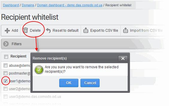 Click 'OK' to confirm your changes. Sender Whitelist All filtering is disabled on mail sent by white-listed senders to recipients at the selected domain.