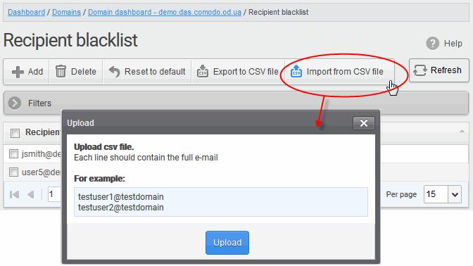 stores for all the recipients in stores department to be blacklisted. To add a whole domain to blacklist, enter the wildcard * in the 'E-mail' text field and click the 'Save' button.