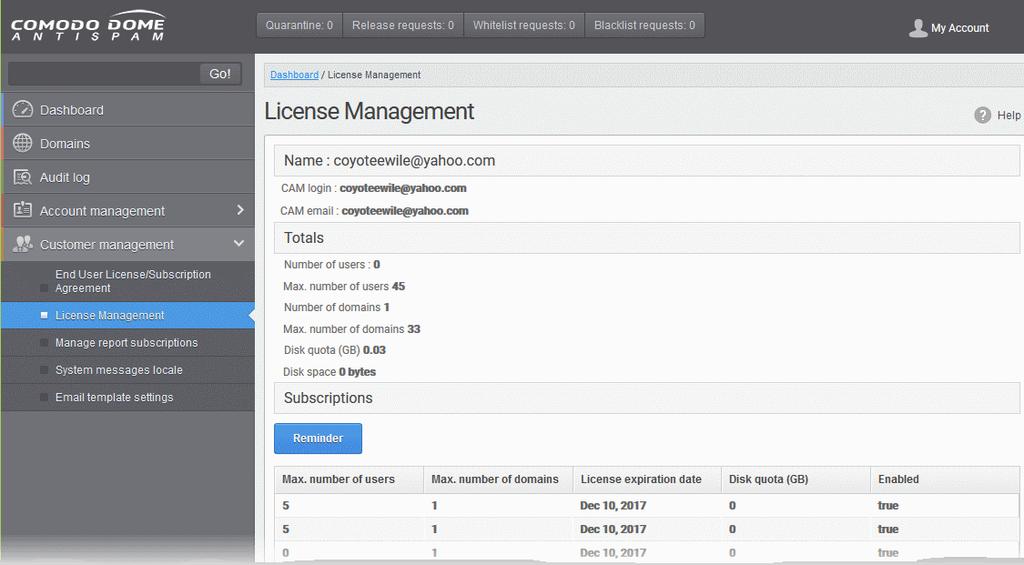 The image below shows an example of a customer who has purchased multiple licenses: The 'License Management' panel shows details about your CDAS subscription(s). 'Max.