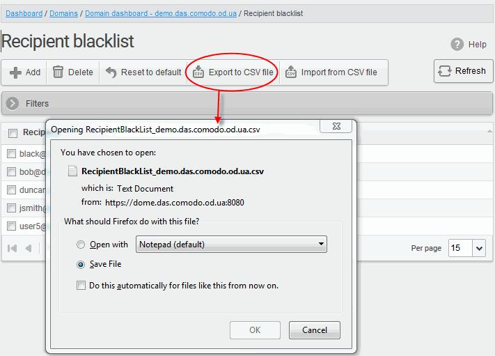 Administrators can save the recipient blacklist by exporting it as a CSV file.