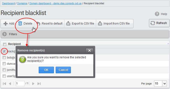 Click 'OK' to confirm your changes. The user will be removed from the blacklist and the mails addressed to the user will be allowed as per the existing filter settings in CDAS.
