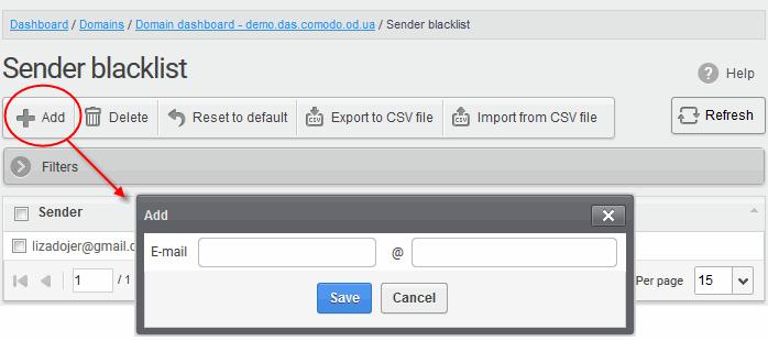 Adding Users to Senders Blacklist You can add senders to black list in two ways: Manually adding the senders Importing from a CSV file To manually add senders Click 'Add' to add a new blacklisted