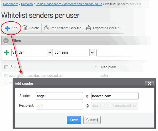Enter the sender's username in the email textbox and sender's email domain name after the @ symbol in the first row.