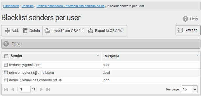 Import senders from a CSV file Administrators can import a multiple senders at a time from a comma separated values (CSV) file to Sender blacklist per user.