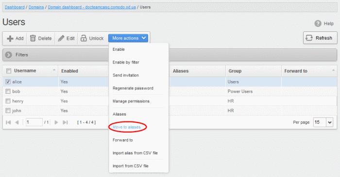 Moving user account to aliases CDAS allows admins to move an existing user as an alias