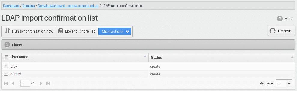The 'LDAP import confirmation list' interface will open: The screen shows users added to and removed from