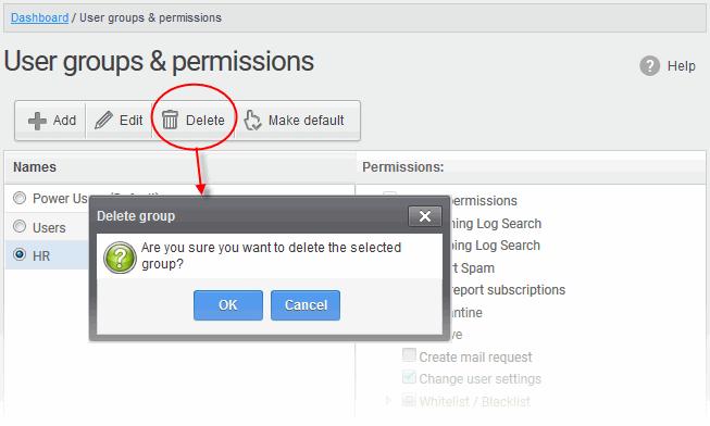 Click 'OK' in the confirmation dialog. The selected group will be deleted from the list. Note 1: If you delete a group, users assigned to that group will be automatically moved to default group.
