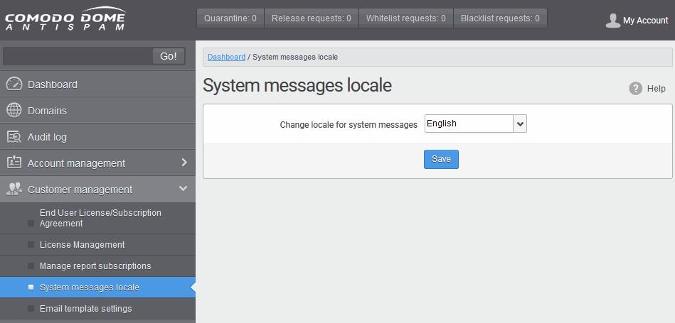 Select the language in which CDAS should display and send its messages from the 'Change locale for system messages' drop-down.