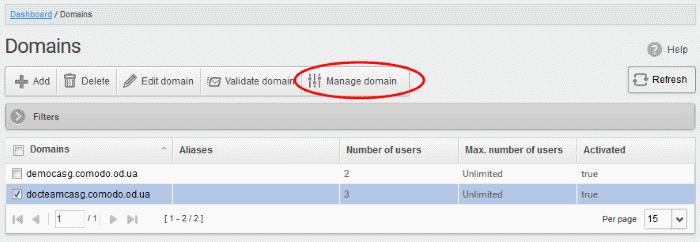 Right-click on the domain name in the 'Domains' column to open in a new tab or window The dashboard of the selected domain will be displayed: The buttons along the top of the dashboard allow you to