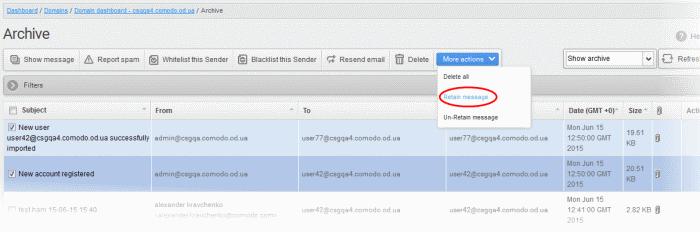 To exclude mails from auto-clean operations CDAS can be configured in the Domain Settings area to automatically purge emails from archive after the configured period.