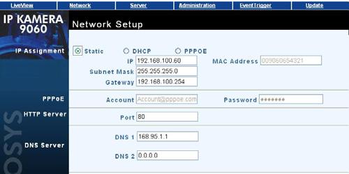 Network setting In this menu you can setup or change the method your IP Cam is connected. There are 3 different choices that you can use: A. STATIC: Works in both real and dynamic IP address. B.