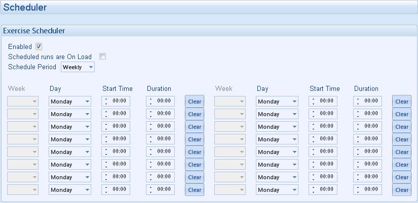 Edit Configuration - Scheduler 6.11 SCHEDULER The Exercise Scheduler is used to give up to 16 scheduled runs.