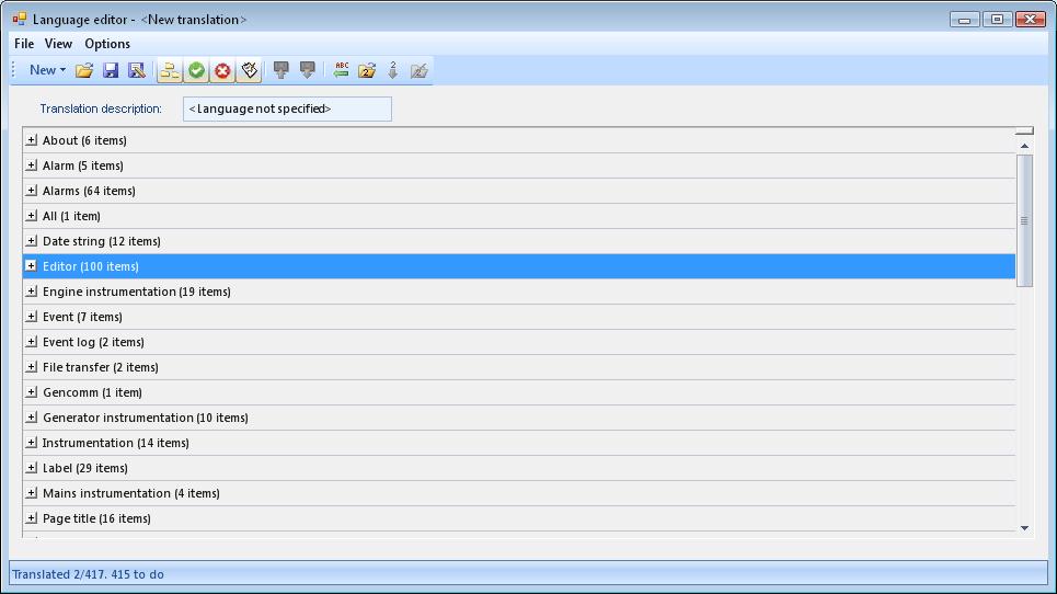 Menus and toolbar 5.3 LANGUAGE EDITOR The Language editor (Tools Language Editor) is included to allow the user to tailor the text of the 8600 series controller to suit their own requirements.