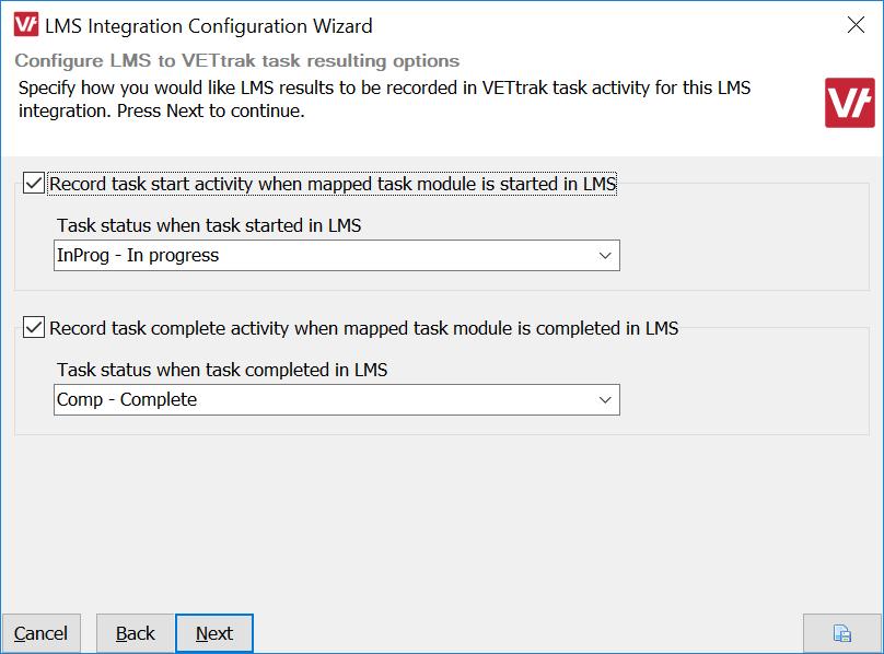 The fourth page of the wizard is used to set the default task statuses for linked tasks in VETtrak.