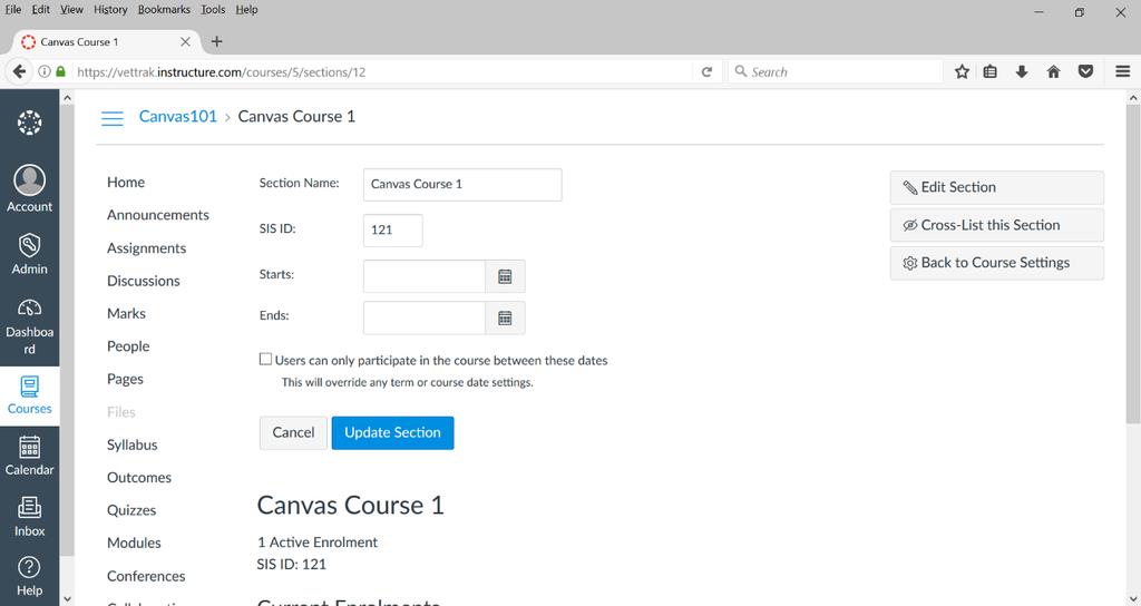 The course in Canvas LMS will need to have a Section with the VETtrak occurrence ID set as the SIS ID.
