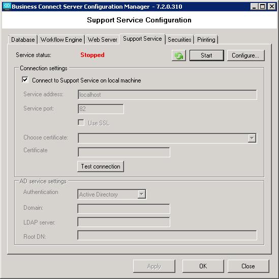 Support Service Configuration Support Service can be installed on the same machine with Web Server (Complete installation mode) or in another machine (Custom installation mode).