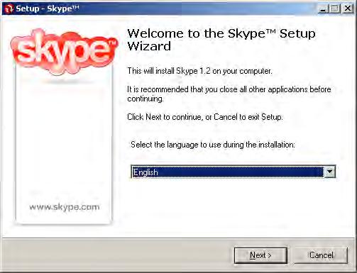Skype Installing Skype Install Welcome Screen This screen shows the Skype software