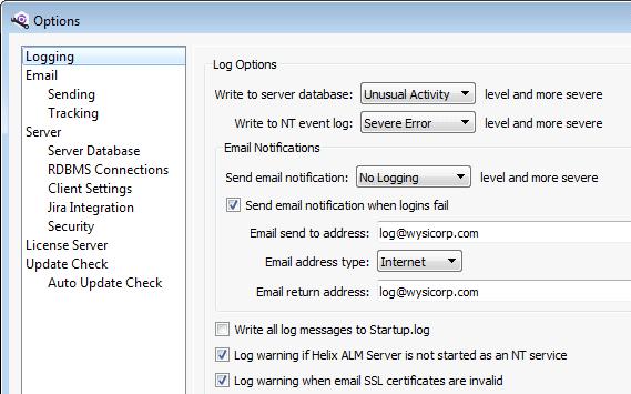Setting log options Setting log options The Helix ALM Server creates log files that record events, such as severe errors or unusual activity, to help you monitor server operations.