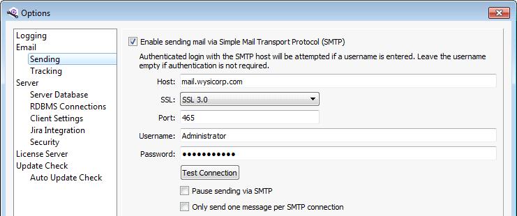 Setting email sending options 5. Select Log warning if Helix ALM Server is not started as an NT service to add a warning to the server log if the server is started as an application.