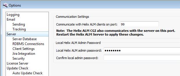 Setting server options This is the time the Helix ALM Server waits for connection responses from the email server. The valid range is 1-32767 seconds. 8.