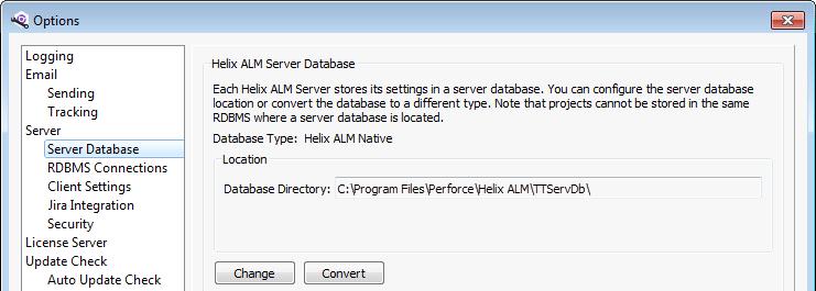 Configuring the server database location and type Configuring the server database location and type Helix ALM Server settings are stored in the server database. Each server has its own database.
