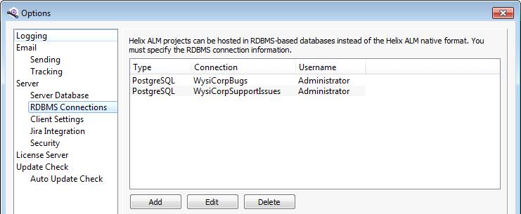 Adding RDBMS connections If the validation fails, make sure the Helix ALM tables exist and are empty, except for the serverid, ownerlck, and RDBMSOptions tables.