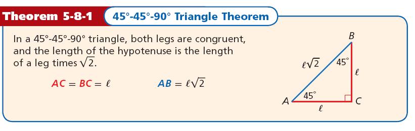 VI. 45-45-90 NOTES A diagonal of a square divides it into two congruent isosceles right triangles. Since the base angles of an isosceles triangle are congruent, the measure of each acute angle is 45.