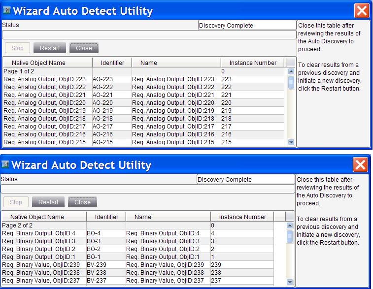 Figure 14: Auto Detect Utility Screen The Identifier derives from the remote device BACnet Object Identifier and indicates both the object type and instance number.