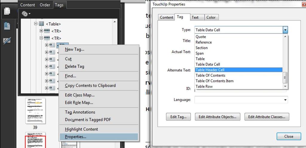 Figure 8: Defining table header cells in Adobe Acrobat 9 Pro 2.