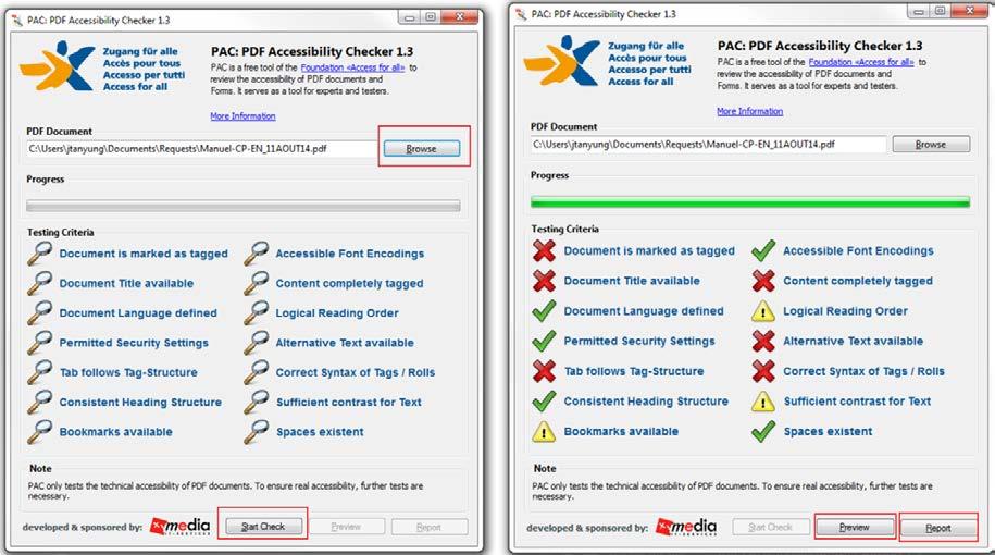 Figure 11: Checking a PDF file with PAC 1.3 Once in the Report screen.
