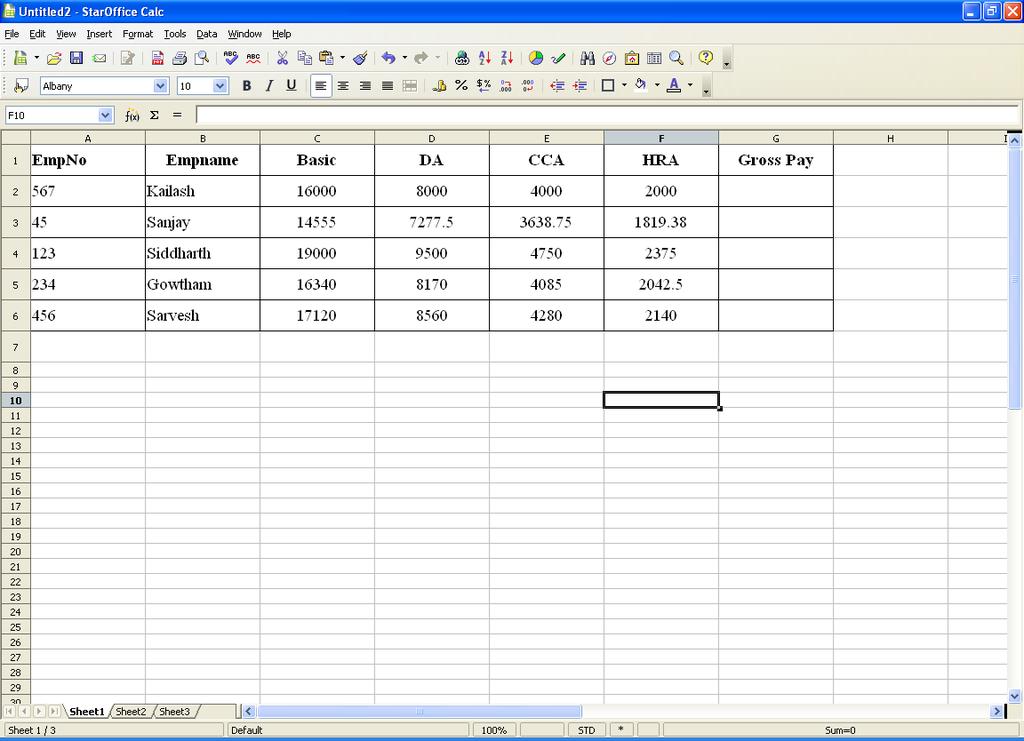 To calculate Gross pay using formulae. Enter the formulae = SUM ( C2 : F2 ) in cell G2 Select the range G2 to G6 Select Edit Fill Down To change the Row height and Column width.