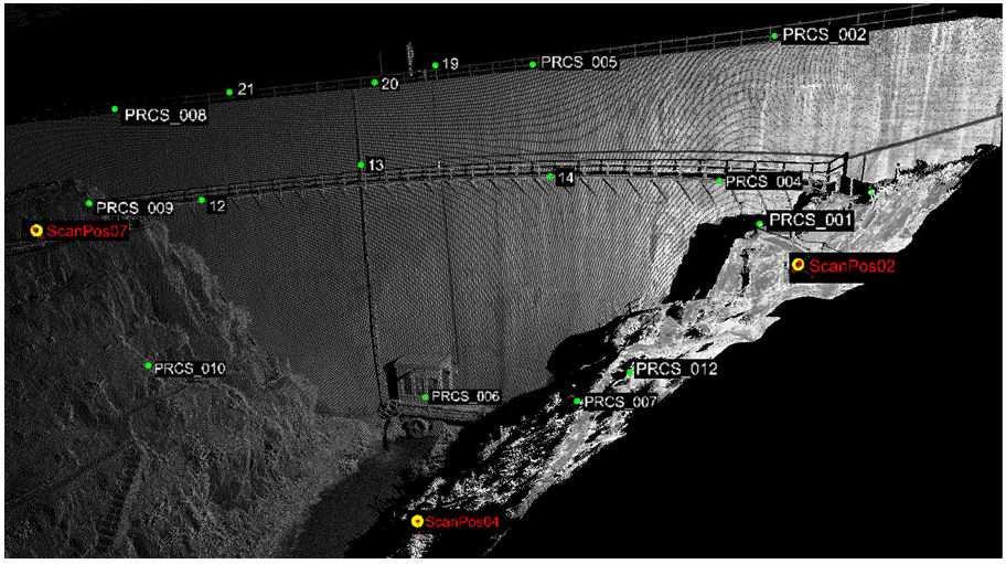 Figure 1 - A perspective of the laser intensity 3D model of Alto Ceira dam downstream face, layout of stations (with red labels) and retro-reflector targets (with white labels).