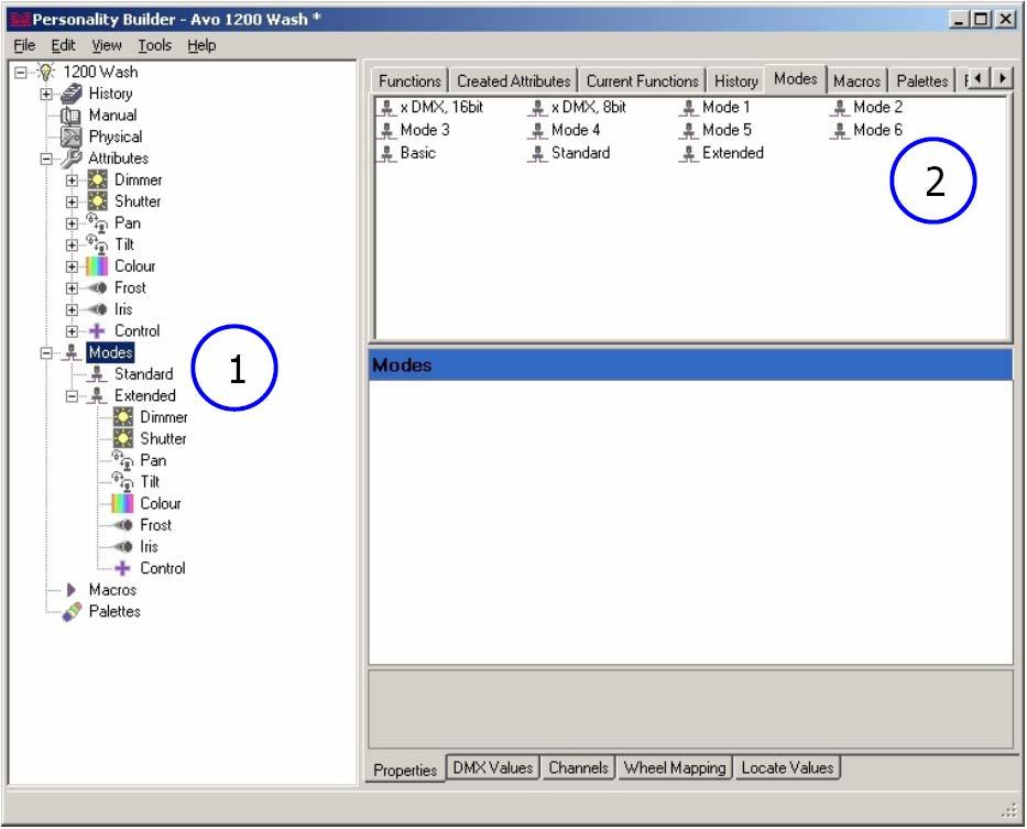 Page 128 11. Working with Fixture Personalities 11.2.5 Creating Modes 1. Select Modes from the Navigation Pane. 2.