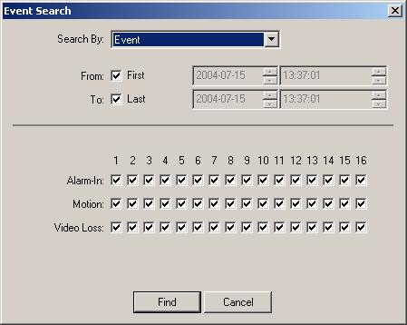 RAS Search Figure 5-3 Search By Event Screen Search By: Selects Event as a search option. From: If this box is checked, the search begins from the first recorded data.