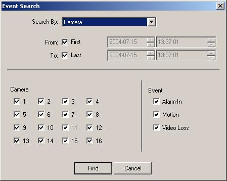 RAS Search Figure 5-4 Search By Camera Screen Search By: Selects Camera as a search option. From: If this box is checked, the search begins from the first recorded data.