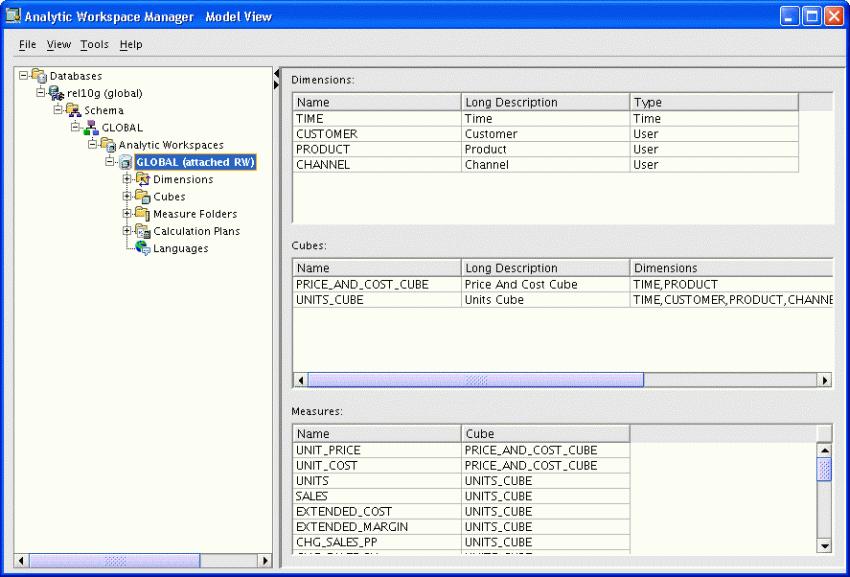 Creating a Dimensional Data Store Using Analytic Workspace Manager Figure 3 1 Model View in Analytic Workspace Manager Object View The Object View provides a graphical user interface to the OLAP DML.