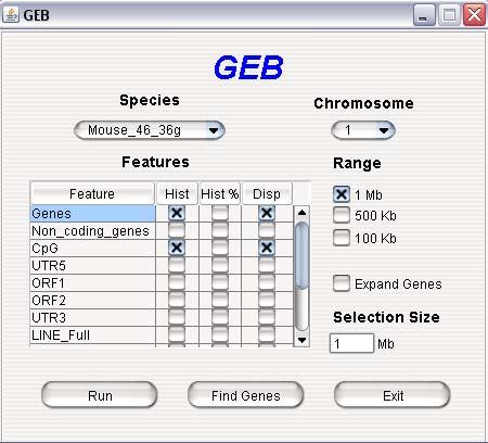 (III) Browsing Capabililities of GEB ***** Welcome Page for Displaying Standard/Custom Genomic Features ***** 1. Select the species and chromosome of interest from the dropdown boxes.