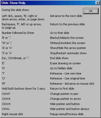 Set new timings while rehearsing T Show/Hide black screen B or Period Show/Hide white screen W or Comma Show/Hide pointer & button A or = End slide show ESC, CTRL+Break, Minus, END Go to the first or