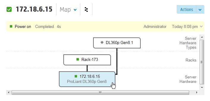 In this example, the server is related to Rack-173 and the DL360p Gen 8 1 server hardware type. 5. Click Rack-173 to display the Map view for the rack. 6.