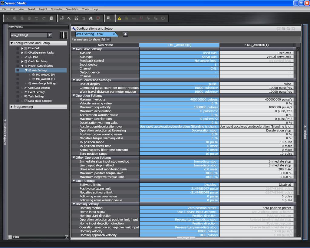 3 Configuring Axes and Axes Groups Right-click Axis Settings in the Multiview Explorer and select Axis Setting Table to enable setting the axes parameters for all axes at the same time.