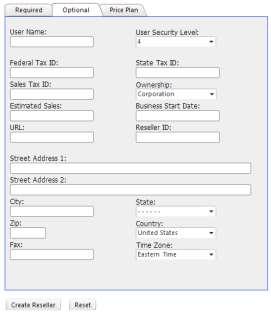 5. Click the Optional tab for entering more reseller information When filling out the Optional form, notice the User