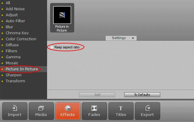 10. In the Settings drop-down window of the Picture in Picture effect pane, clear the Keep Aspect