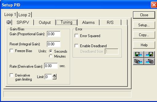 hapter : PI Loop Operation 0 - Enter PI Parameters nother PI setup dialog, Tuning, is for entering the PI parameters shown as: Gain (Proportional Gain), Reset (Integral Gain) and Rate (erivative