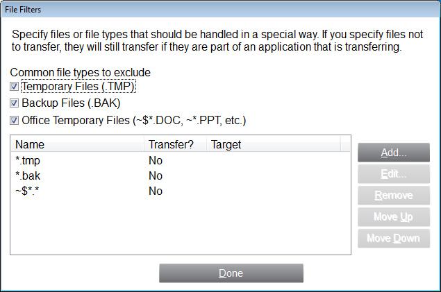 12 7e. File Filters 7f. Folder Filters PCmover allows you to list file types to exclude from the transfer. Some file types are already set up for you in this screen, such as temporary files (.tmp).