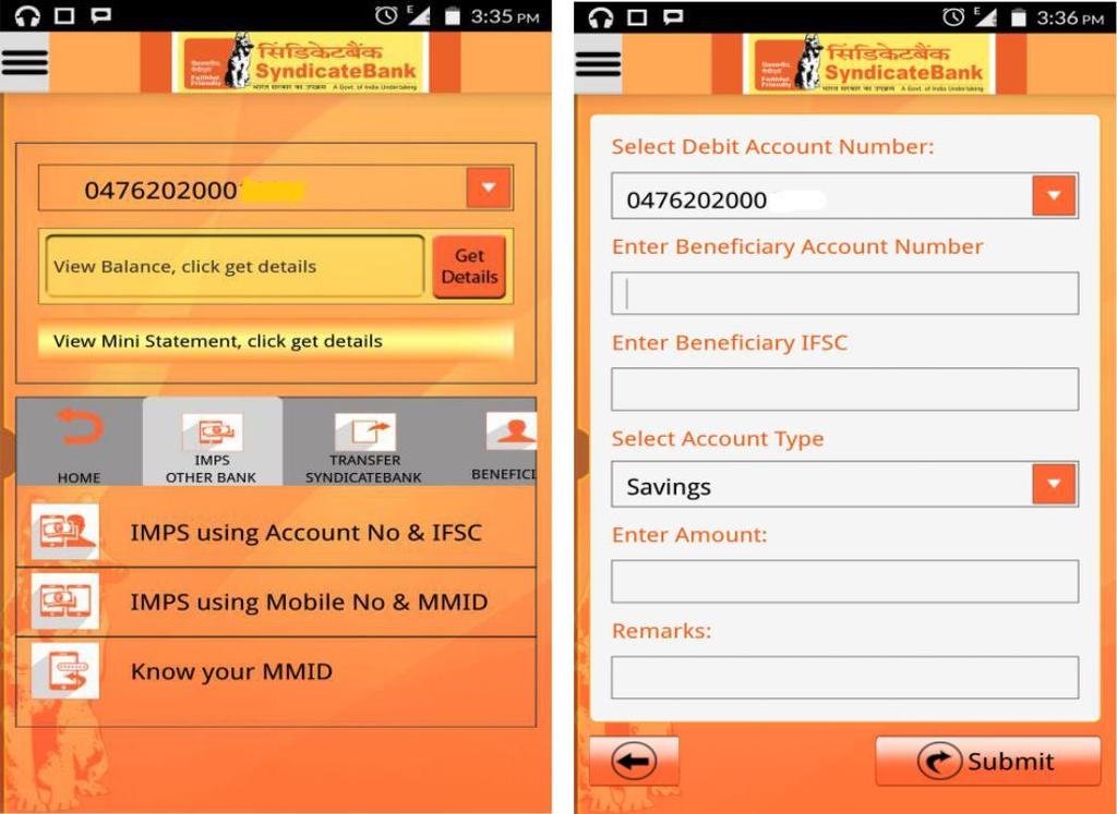 2. IMPS Other Bank: Syndicate bank mobile banking application