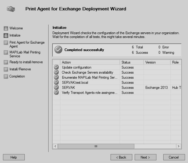 In Step 2, the Deployment Wizard will search the Exchange servers and check for the possibility of installing Print Agent for Exchange Agent on them.
