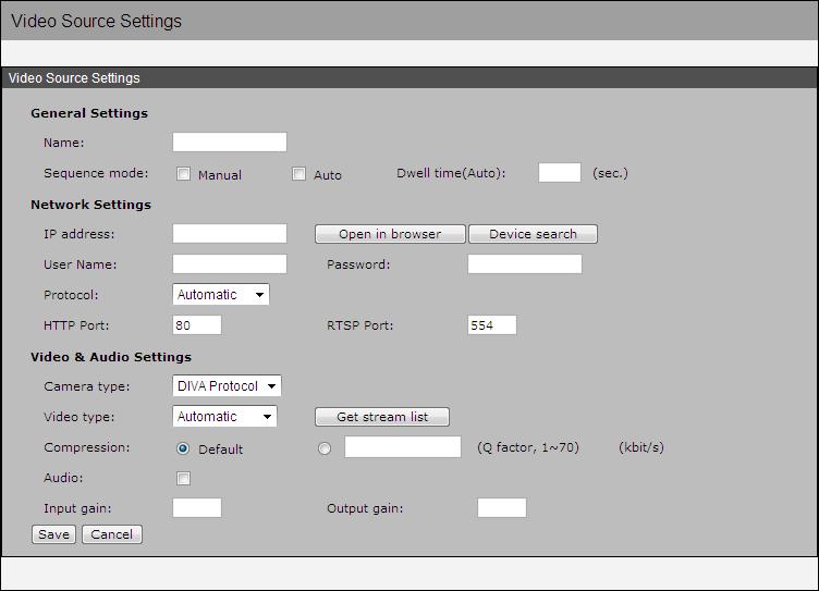 Add IP Cameras Click on <Add> and the following Video Source Settings page will be displayed. First under the <General Settings> section, type in the camera name and select its sequence mode.