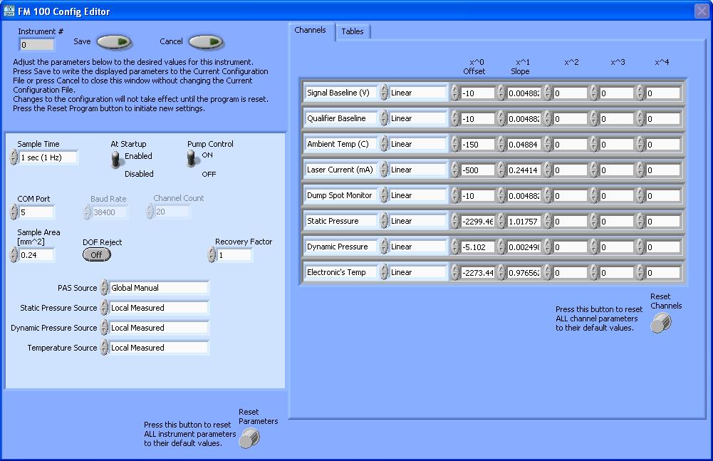 Figure 1: FM 100 Configuration Editor Window 3. Now you can configure the instrument parameters to your desired specifications. See the definitions below for explanations of individual parameters.