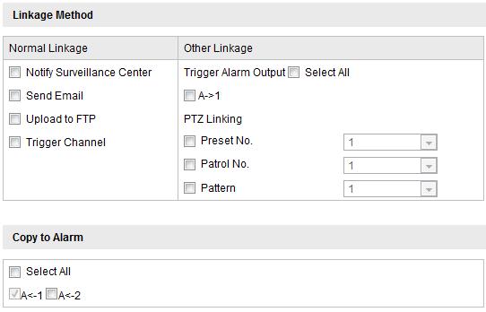 Check the checkbox to select the linkage method taken for the alarm input. Refer to Step 3 Set the Alarm Actions for Motion Detection in Section 6.